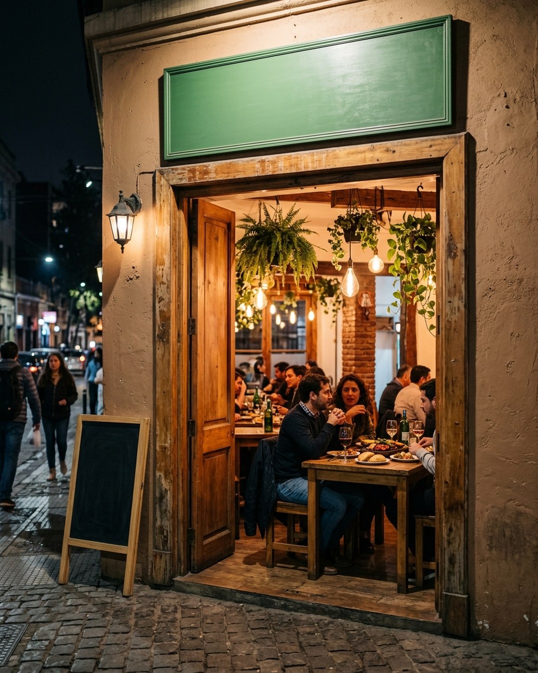 Un local de barrio con la puerta abierta de noche